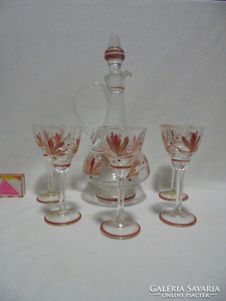 Retro hand-painted glass liquor set - carafe, pouring spout with five stemmed glasses