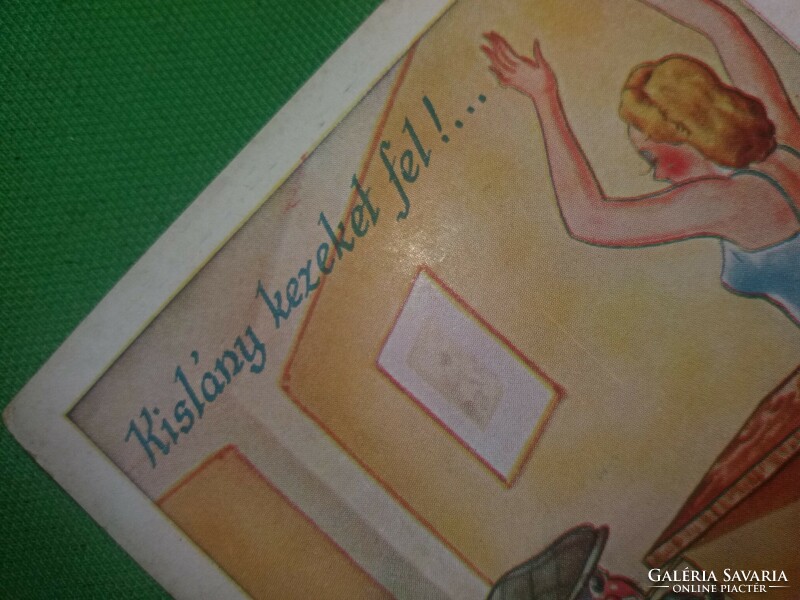 Antik 1920-30. Kaszás Jámbor humoros képeslap :Kislány kezeket fel ! képek szerint Barasits