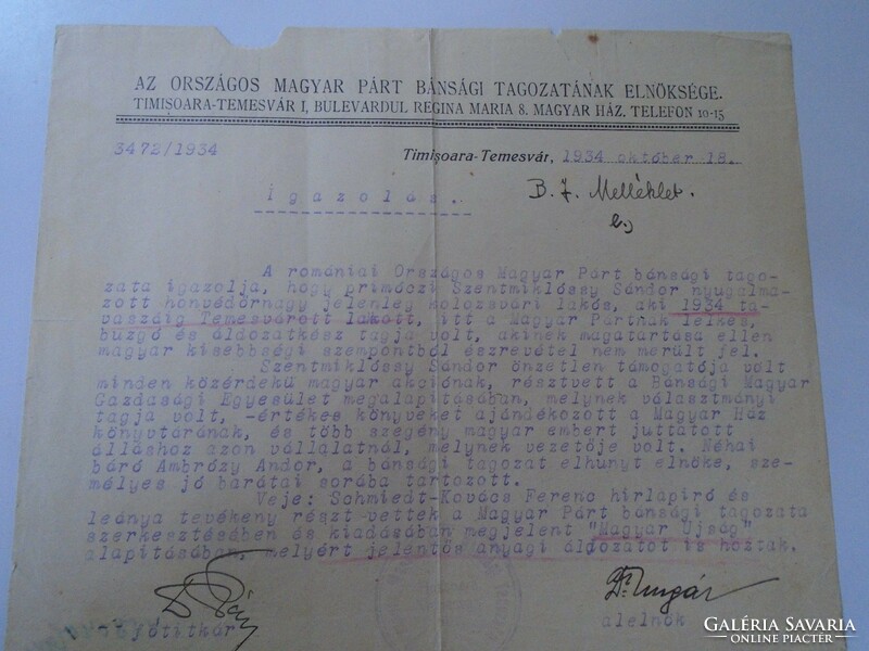 ZA468.2 Temesvár - Magyar Párt Bánsági Tagozatának Elnöksége 1934- Szentmiklóssy Sándor őrnagy
