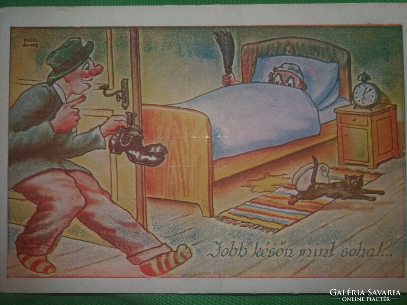 Antik 1920-30. Kaszás Jámbor humoros képeslap :Jobb későn mint soha .képek szerint Barasits
