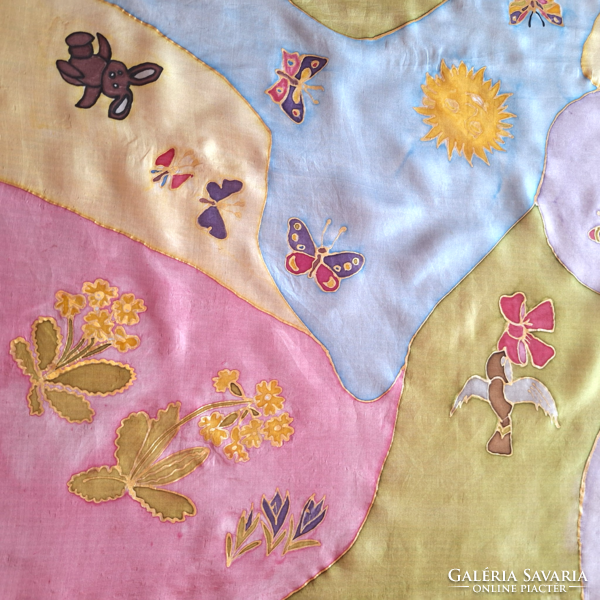 Silk scarf, hand-dyed, hand-stitched, spring scene