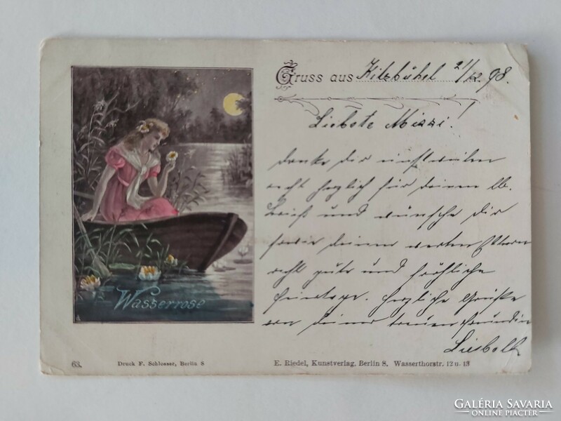Régi képeslap litho levelezőlap hölgy csónakban