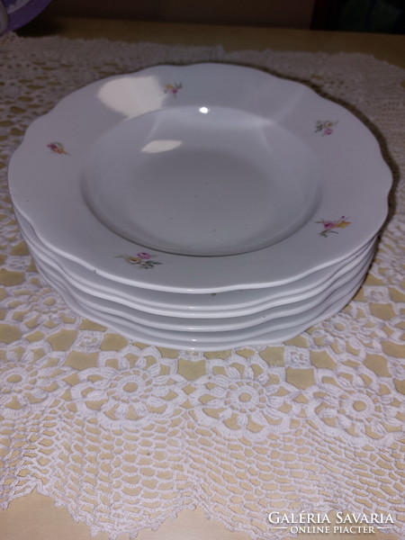 Zsolnay pink porcelain deep plate with small flowers, 6 pcs