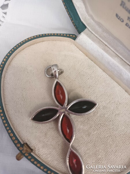 Old handmade beautiful silver garnet stone large cross pendant for sale!