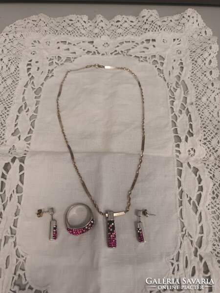 Old handmade silver set for sale. Pink color with swarovski stones, chain pendant ring earrings!