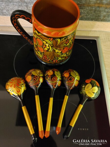 Hand painted Japanese/Russian traditional khokhloma spoons and pitcher
