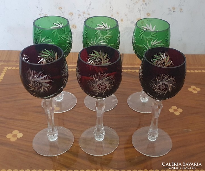 Czech 6-piece hand-carved, burgundy and green lead crystal, stemmed cognac glass