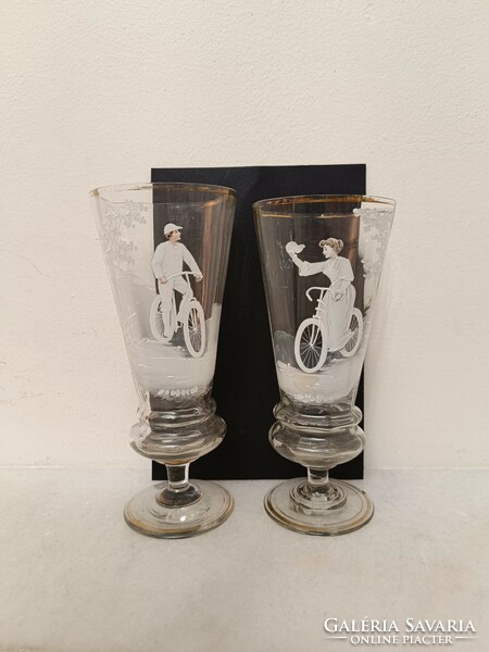 Antique Biedermeier glass with 2 bicycle bicycle vehicle motifs 8623
