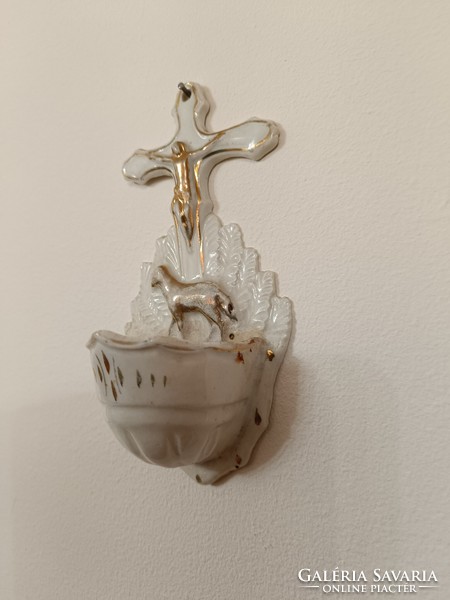 Antik szenteltvíz tartó 19. század porcelán keresztény szenteltvíztartó Jézus bárány 734 8477