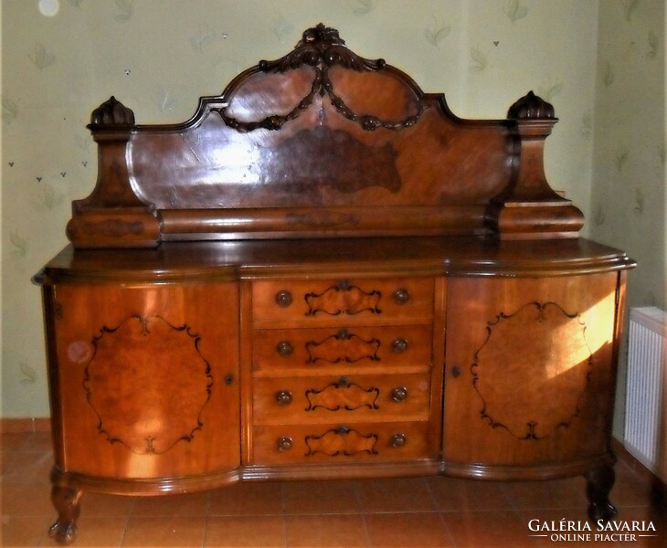 Beautiful inlaid, antique sideboard, drawers in the middle, storage on the sides.