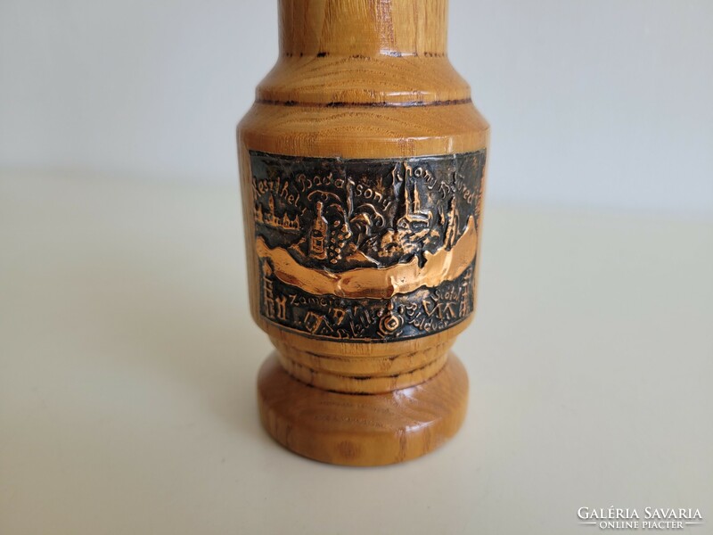 Old retro Balaton souvenir mid century souvenir wooden vase with Balaton map