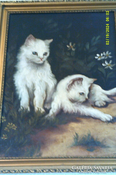 Antique signed foil painting = cats digging for bugs.