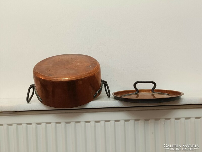 Antique tinned kitchen pot with patinated red copper footed lid and wrought iron handle 918 8497