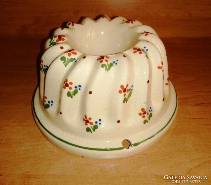 Virágmintás mázas kerámia kalács, kuglóf süteménysütő forma, falidísz átm.15,5 cm (29/d)
