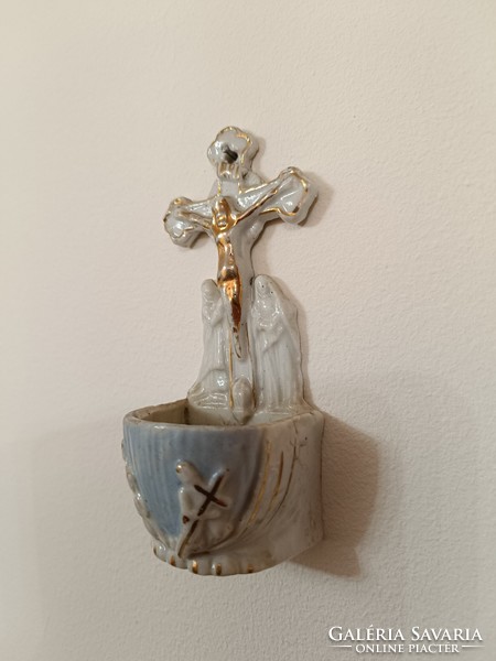 Antique holy water holder 19th century biscuit porcelain Christian Catholic Mary 733 8475