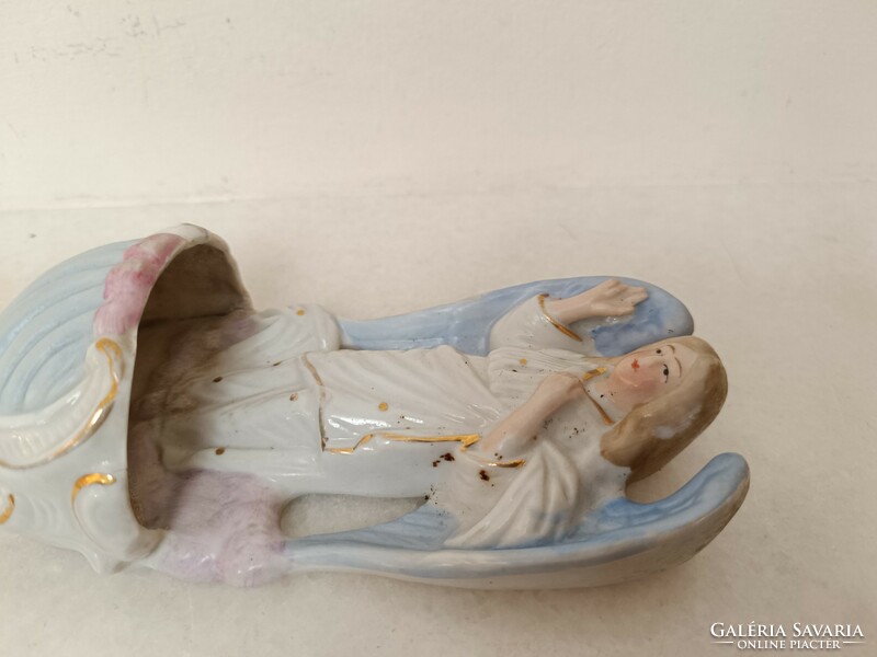 Antik szenteltvíz tartó 20. sz. biszkvit porcelán keresztény őrangyal angyal szenteltvíztartó 735