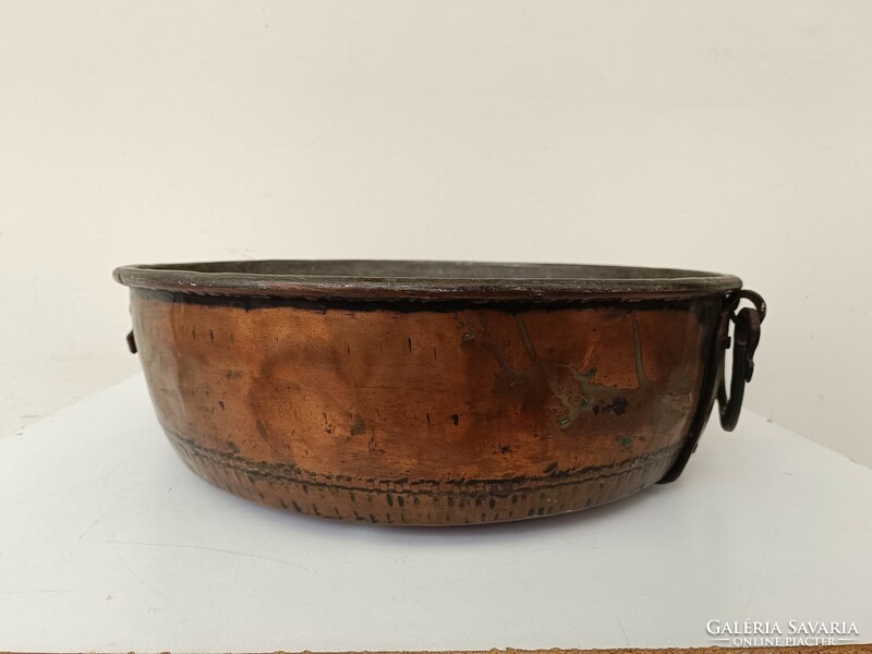 Antique hammered extra-large red copper dish ornament caspo laver with wrought iron straps 890