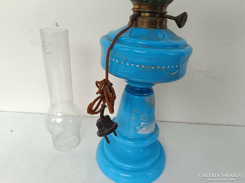 Antique biedermeier painted blue huta glass kerosene electric lamp broken 350 8600