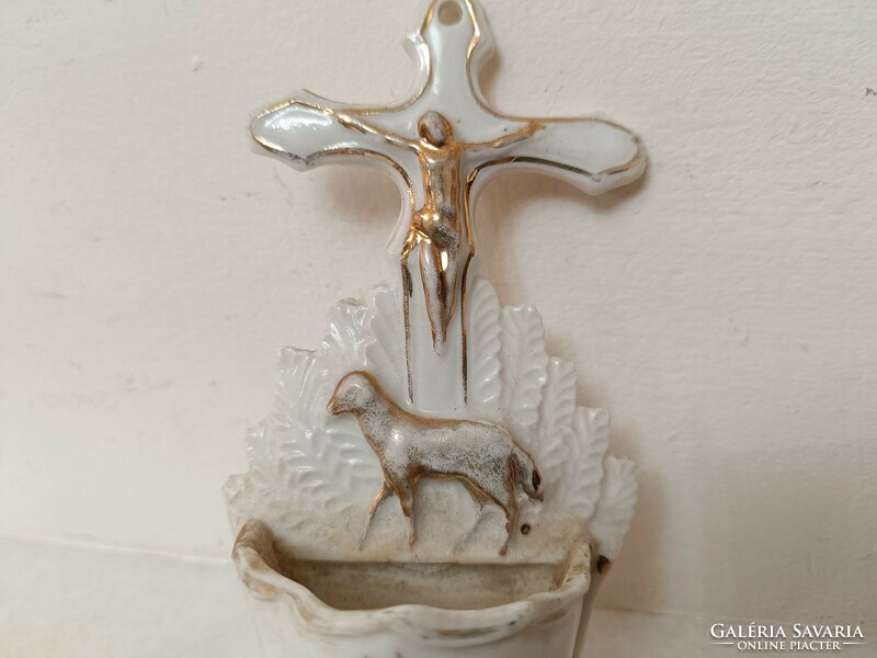 Antik szenteltvíz tartó 19. század porcelán keresztény szenteltvíztartó Jézus bárány 734 8477