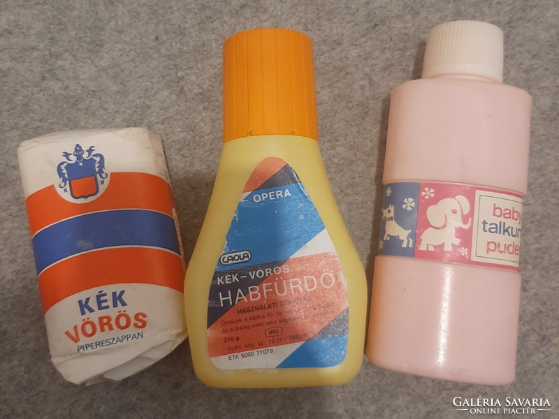 Retro caola souvenirs: blue, red toilet soap; opera blue-red bubble bath, baby talcum powder