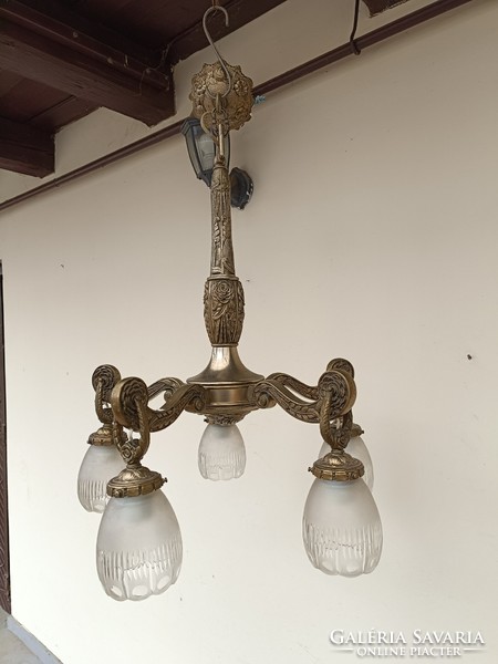 Antique art deco ceiling chandelier with 5 arms, polished glass shade 730 8526