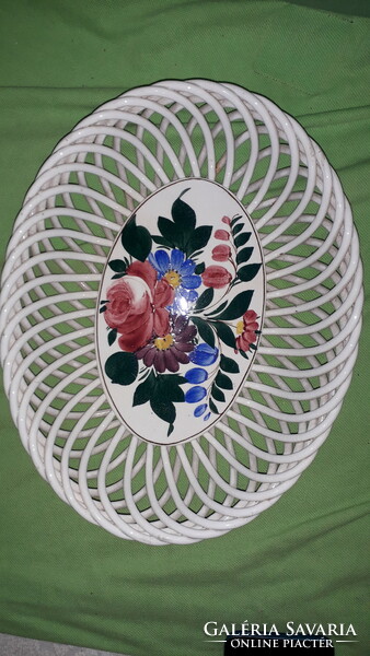 Antique sealed Kispest porcelain oval openwork flower pattern offering basket bowl 26 x 21 x 6 cm