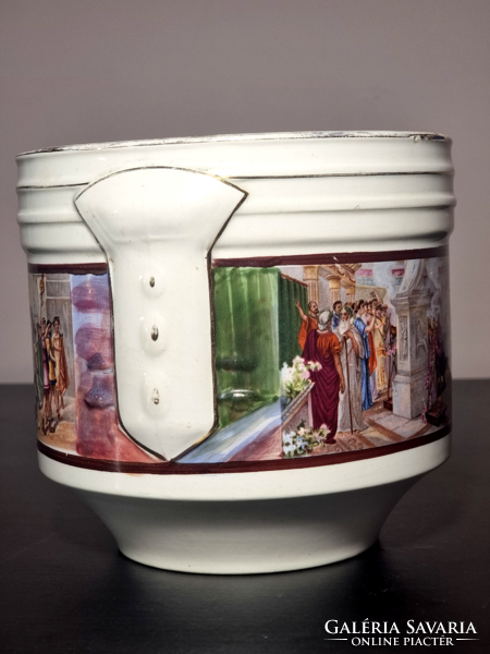 *Verbanum Stone  - Laveno olasz porcelán kaspó,oldalán matrica / Római életkép / díszítéssel, XX.szd