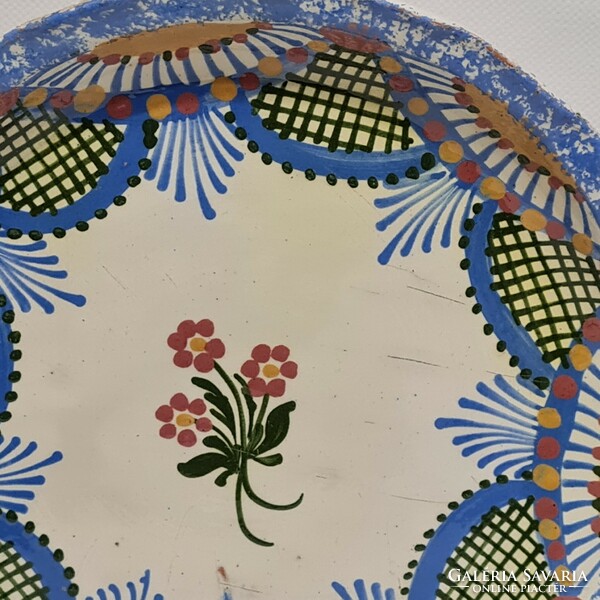 Hódmezővásárhely, colorful lace pattern, floral, white glazed folk ceramic wall plate (2985)