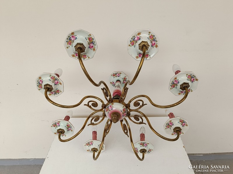 Antique 8-arm rose motif Flemish chandelier with porcelain insert with original candles + 8 new bulbs 886 8562