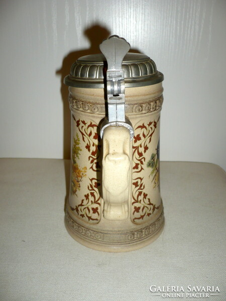 Ceramic hunting jar with tin lid, marked cup with lid