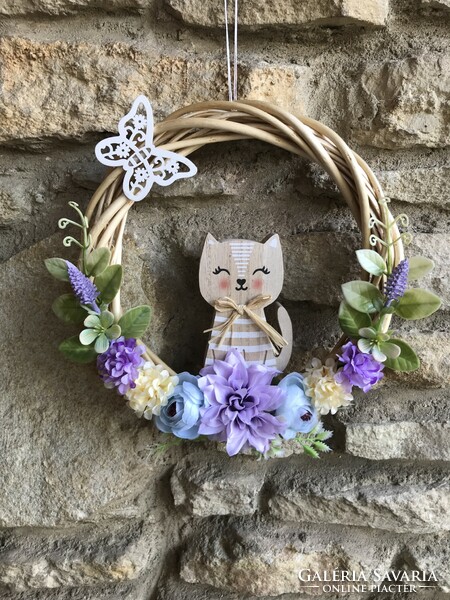 Tavaszi dekoráció macskás cicás dekor ajtódísz ablakdísz kopogtató cica macska művirág koszorú