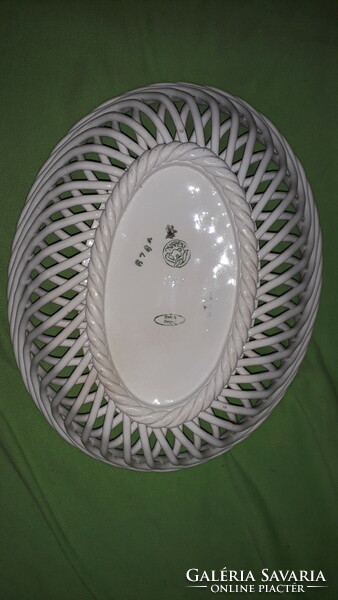 Antique sealed Kispest porcelain oval openwork flower pattern offering basket bowl 26 x 21 x 6 cm