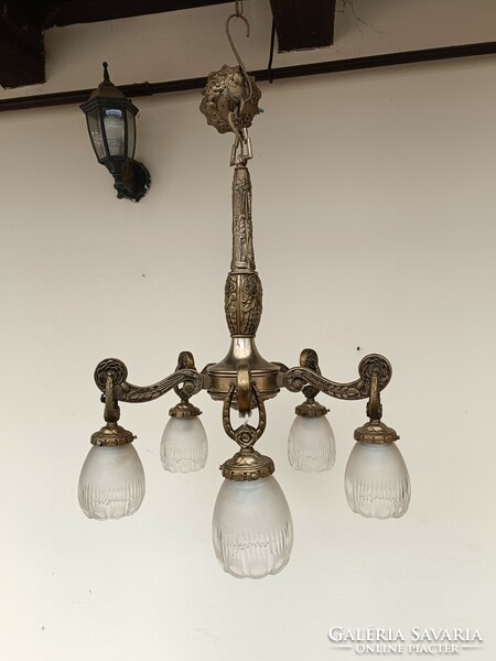 Antique art deco ceiling chandelier with 5 arms, polished glass shade 730 8526