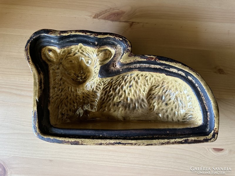 Antique lamb baking dish, glazed earthenware