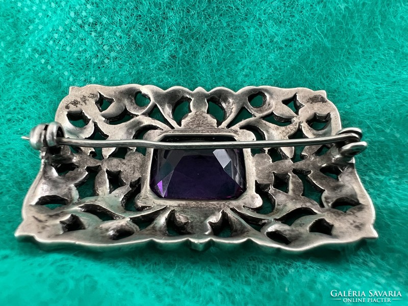 Old silver marcasite stone purple stone brooch
