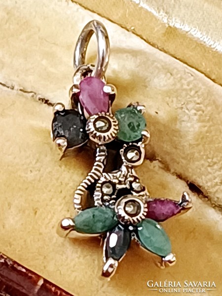 Silver pendant with ruby, sapphire, emerald and marcasite stones