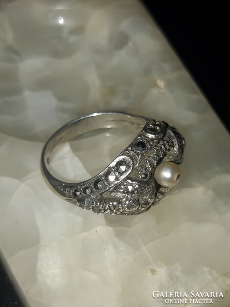 Art Nouveau Hungarian jewelry - ring with marcasite and true pearl