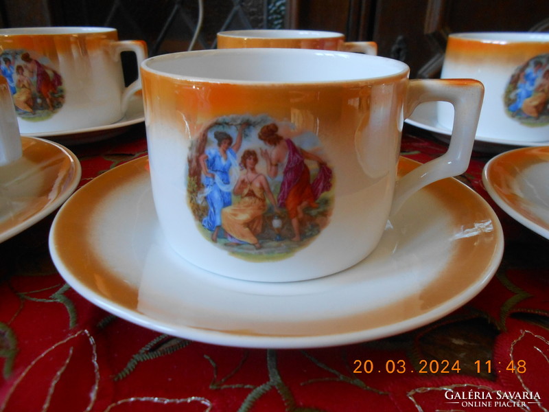 Zsolnay antique scenic, luster-glazed tea cup, 6 pcs