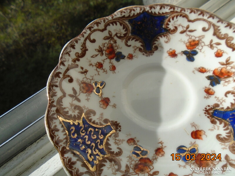 19.sz angol kézzel festett kobalt arany pajzs mintás,virágmintás,dombormintás teás csésze alátéttel