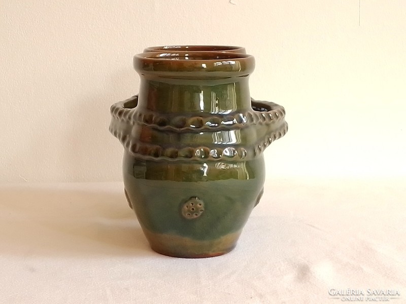 Pair of old green-glazed ceramic craftsman twin jugs, Sándor Bagossy potter