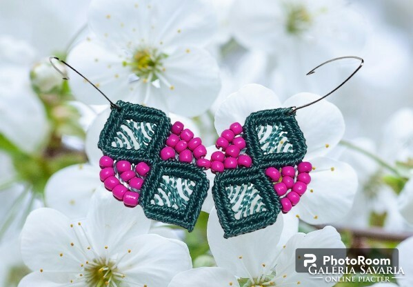 Greenish-pink bohemian macrame earrings