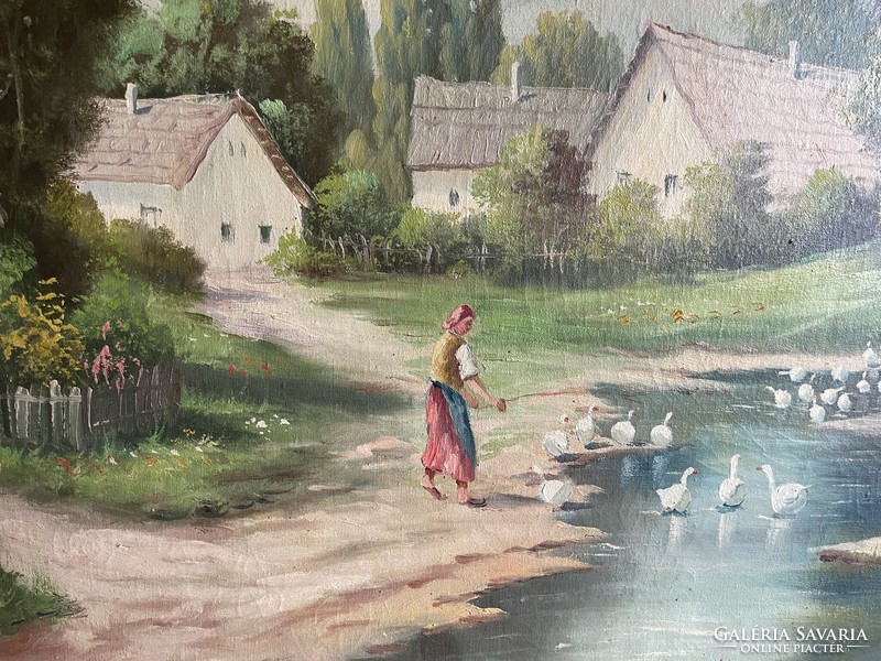Hungarian farm life - the end of the village with a stream and geese marked around 1950!