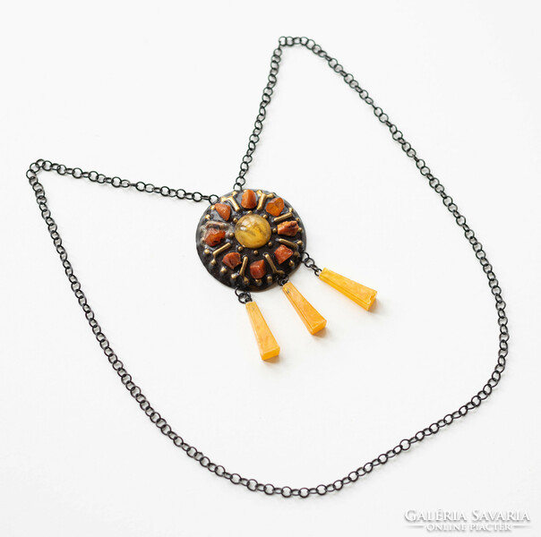 Retro amber stone jewelry - craftsman / goldsmith necklace and brooch in one
