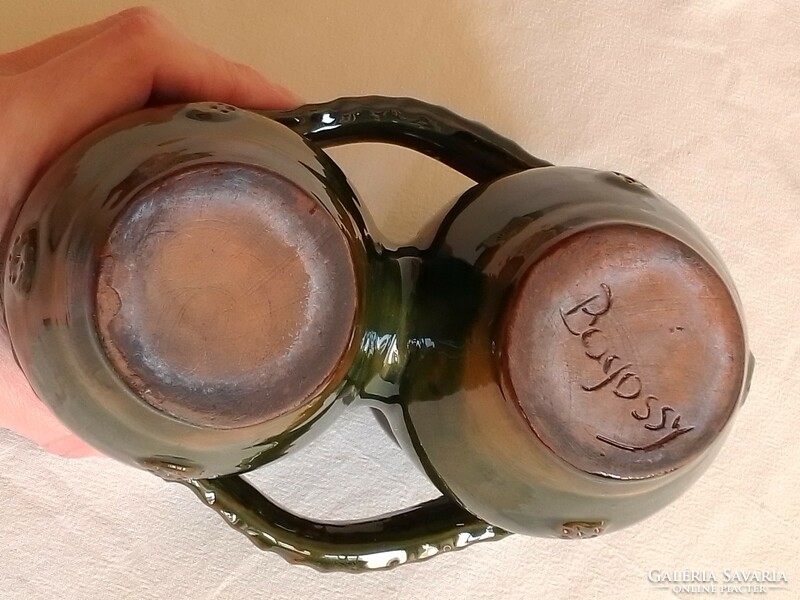 Pair of old green-glazed ceramic craftsman twin jugs, Sándor Bagossy potter