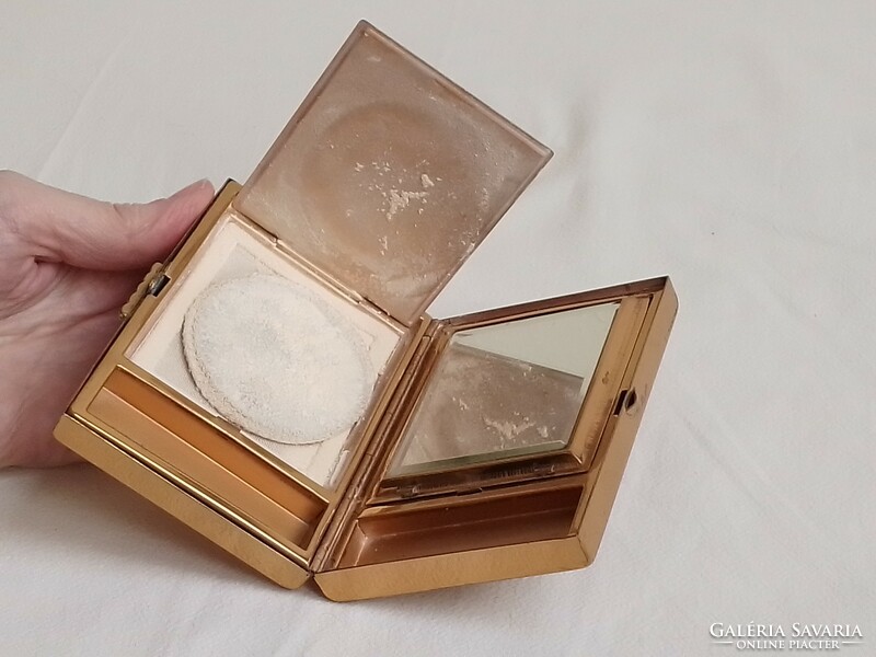 Antik régi art deco aranyozott réz smink pipere készlet pudrié púderes doboz cigaretta tálca tartó
