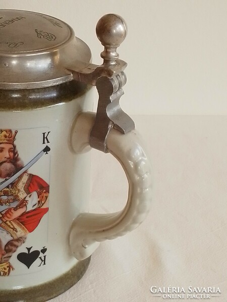 Old German stoneware stoneware beer mug krigli metal lid French card pattern