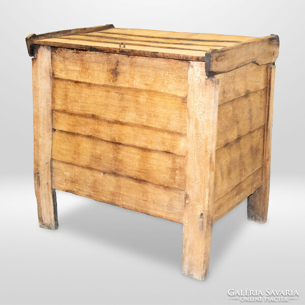 Carved chest, baskets