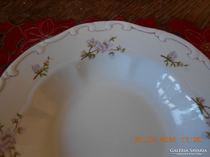 Zsolnay lila barackvirágos, rózsaszín tollazott mély tányér