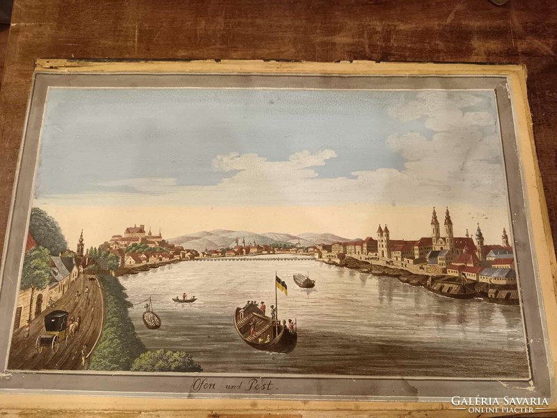 Ofen und Pest 19. század elejei akvarell, hátoldalán szígnó, és BÁV sorszám, Buda és Pest