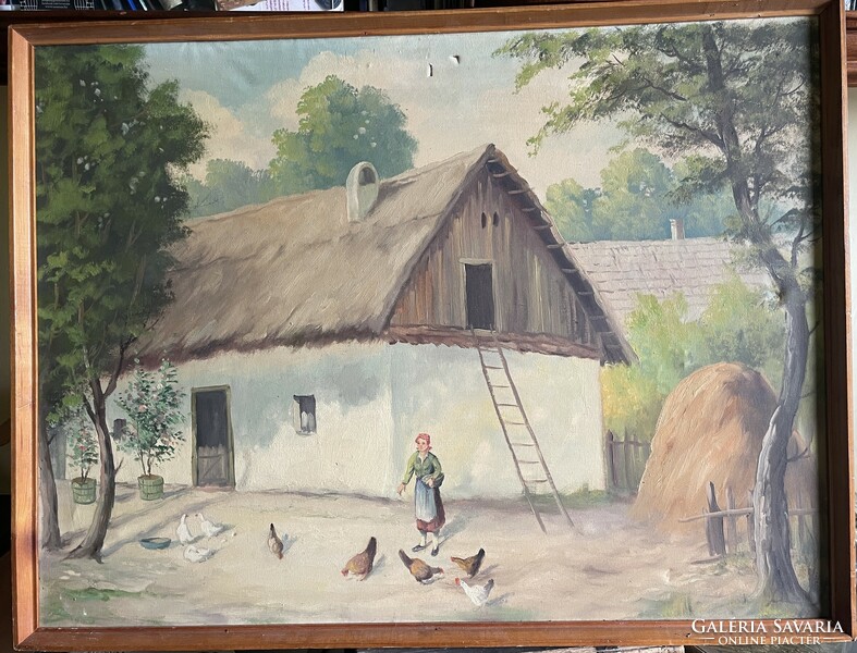 Picture of Hungarian farm life - feeding chickens, marked around 1950!